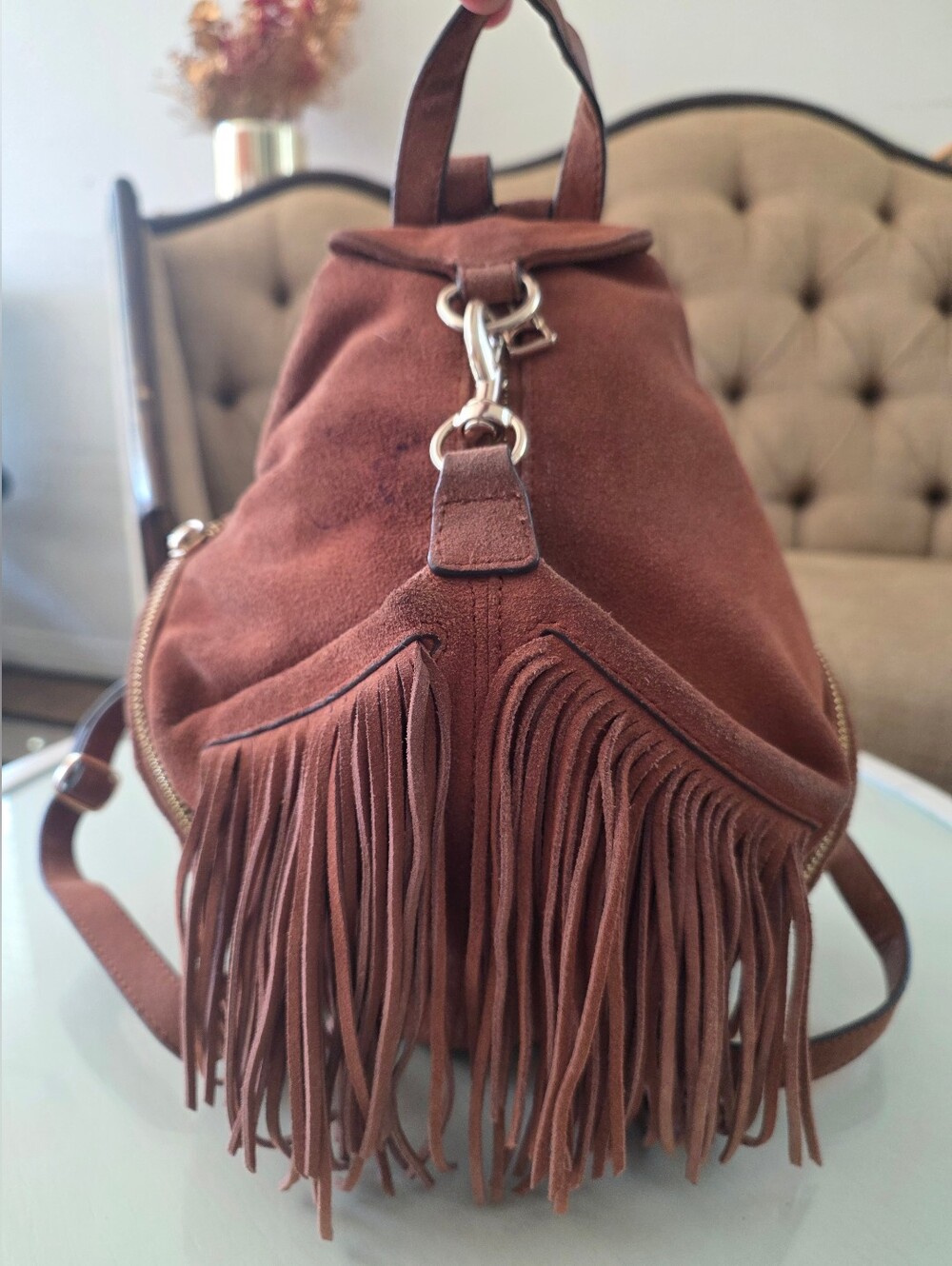 $348 Rebecca Minkoff Julian Fringe Backpack Brown Suede Concert Boho - Picture 4 of 15